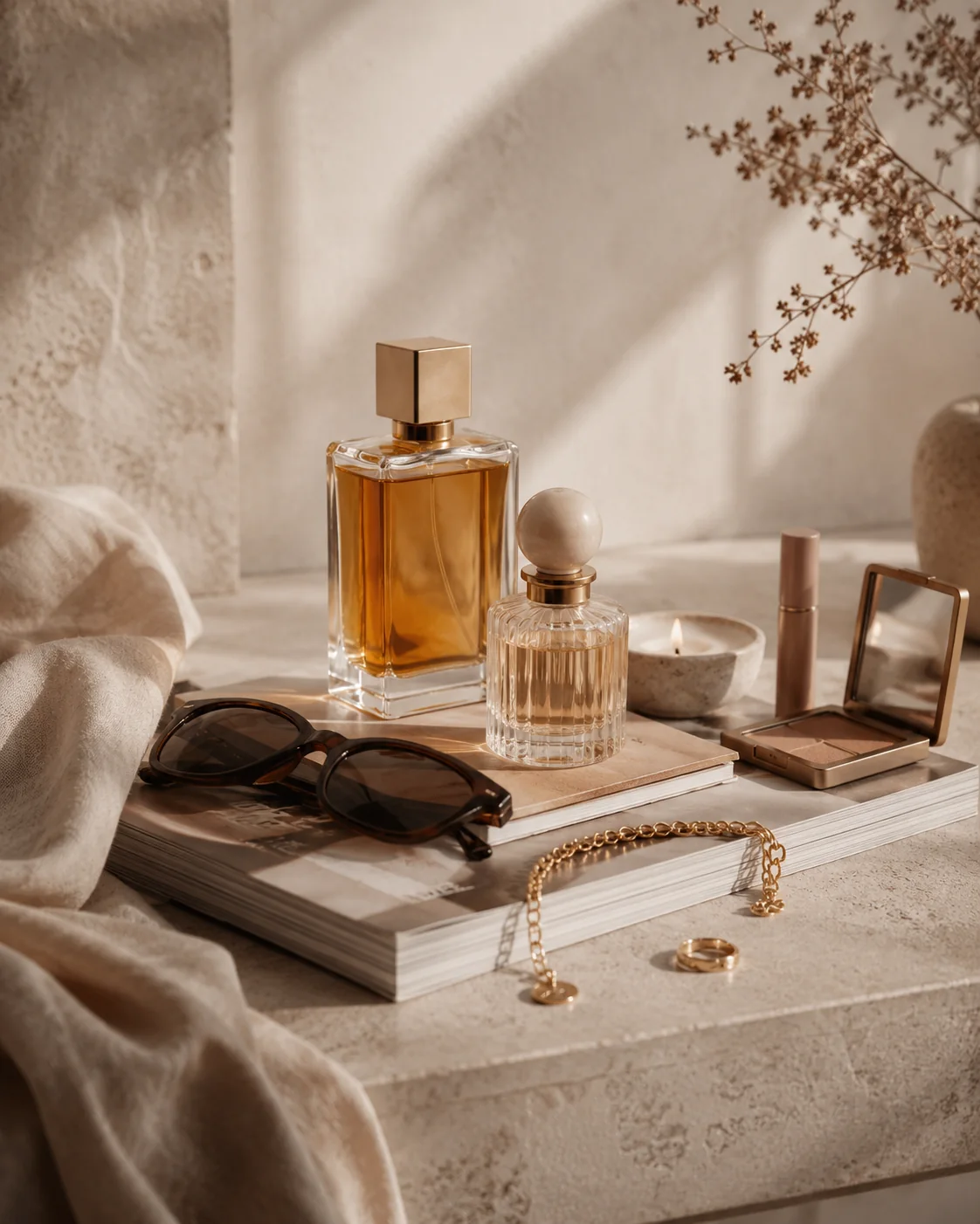 Perfume, beauty accessories, sunglasses and jewelry in warm sunlight